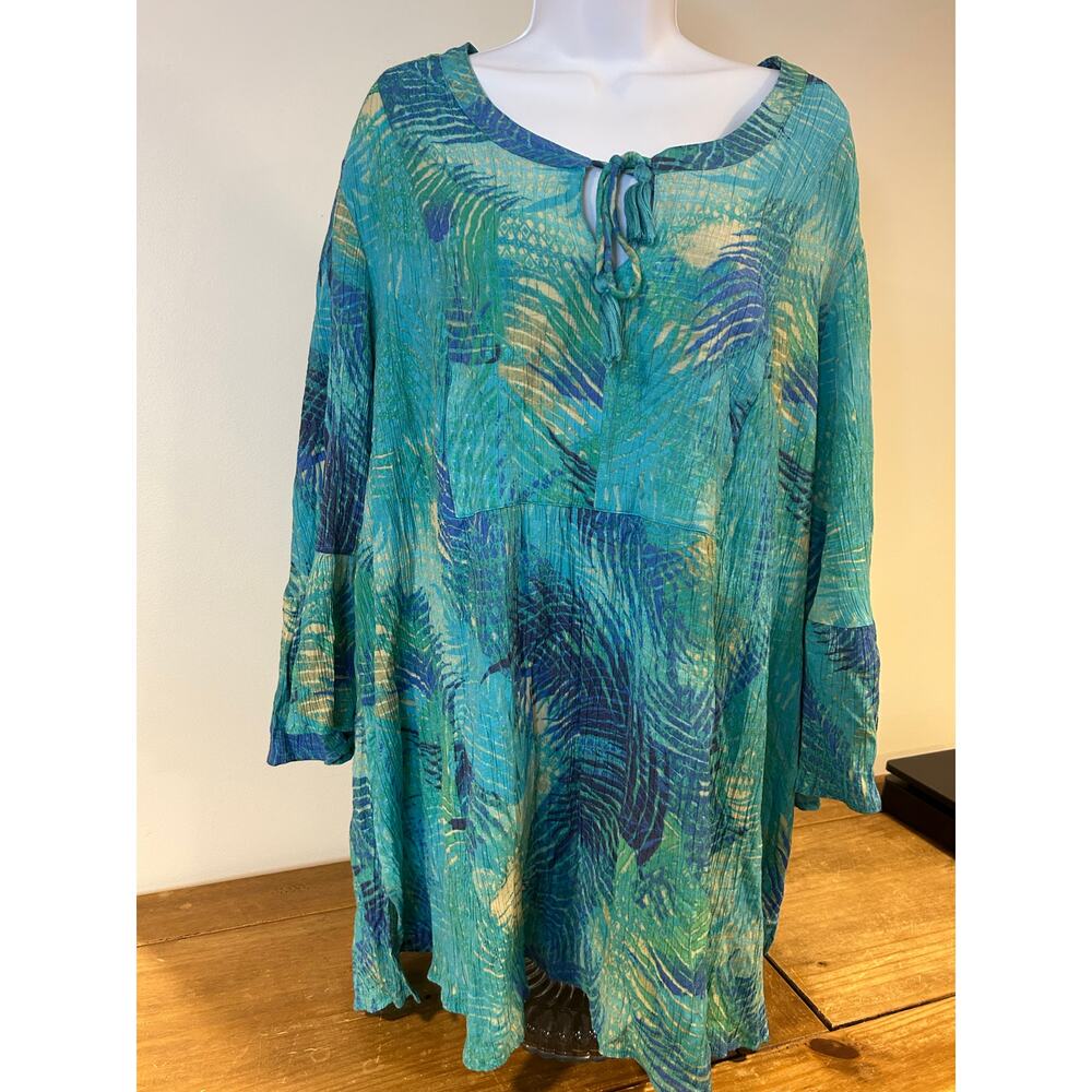 CARHERINES Sz 4X Tropical Coastal Sheer Exaggerated Flare Sleeve Vacation Beach